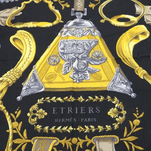 HERMES Carre 90 ETRIERS Scarf Shawl Gold Black Silk - Picture 10 of 11